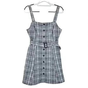SO Women's White & Black Plaid Stretchy Poly/Rayon/Spandex Button Front Belted P